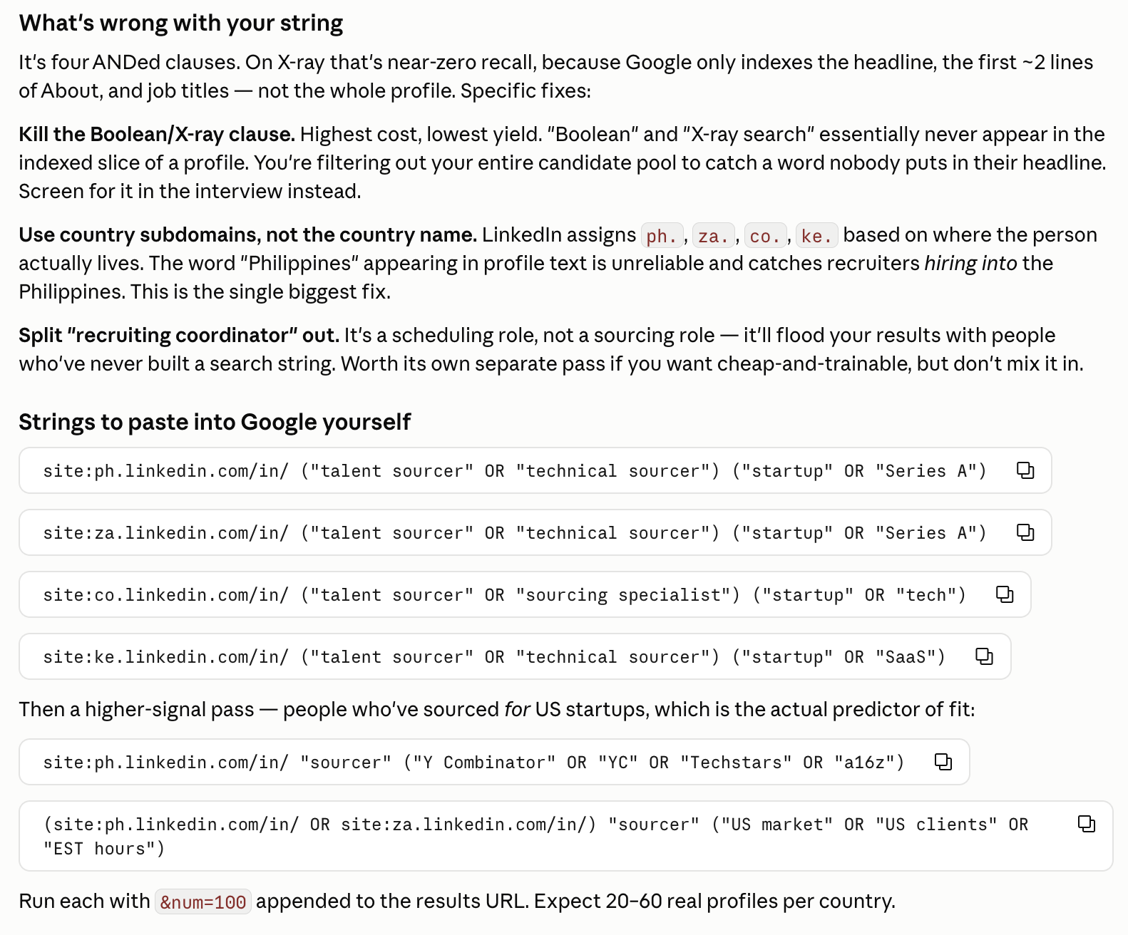 Claude Code’s answer about a LinkedIn X-ray search string, headed “What’s wrong with your string”
