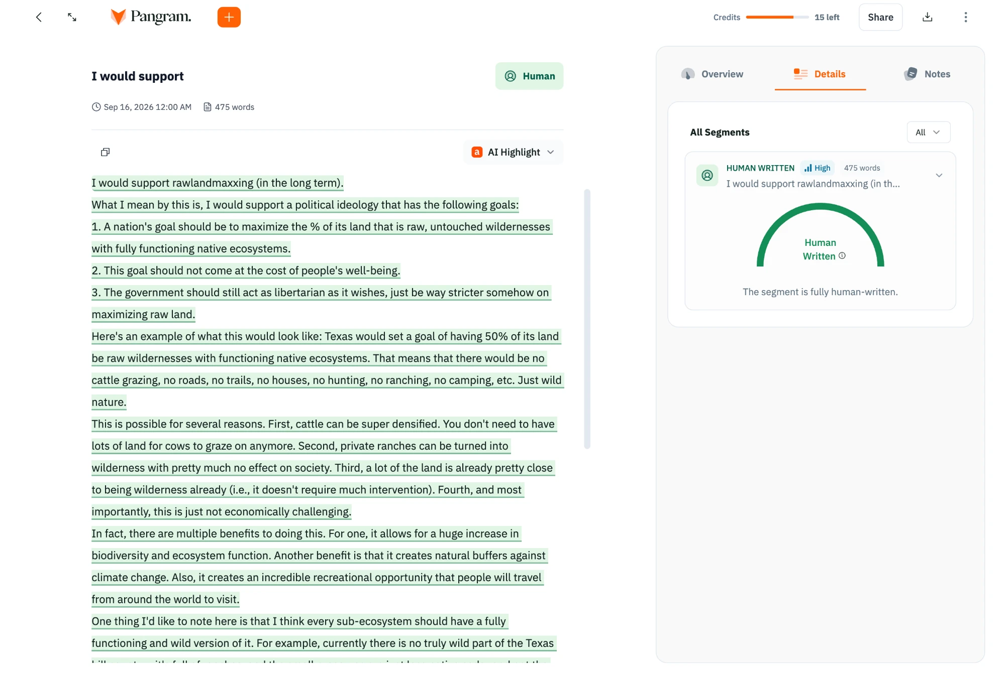 Pangram scan of a Clemens essay, “I would support”: 475 words, graded Human Written with high confidence
